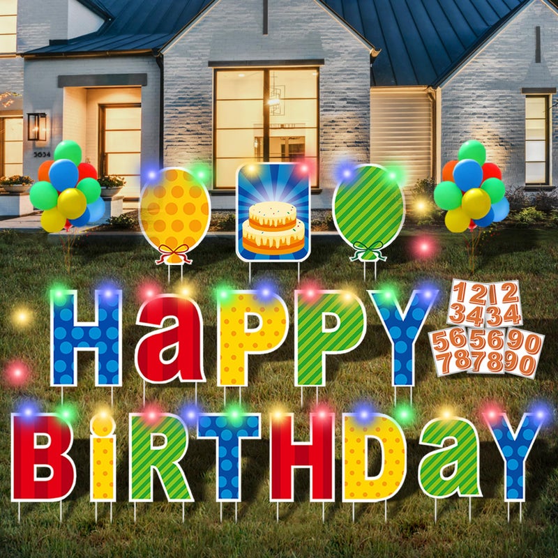 ComboJoy 16 Pcs Happy Birthday Yard Sign with Stakes, Personalized Age Plastic Signs with LED Lights, 20 Number Stickers & Colorful Letters, Weatherproof Birthday Decorations for Indoor & Outdoor Lawn - Image 1